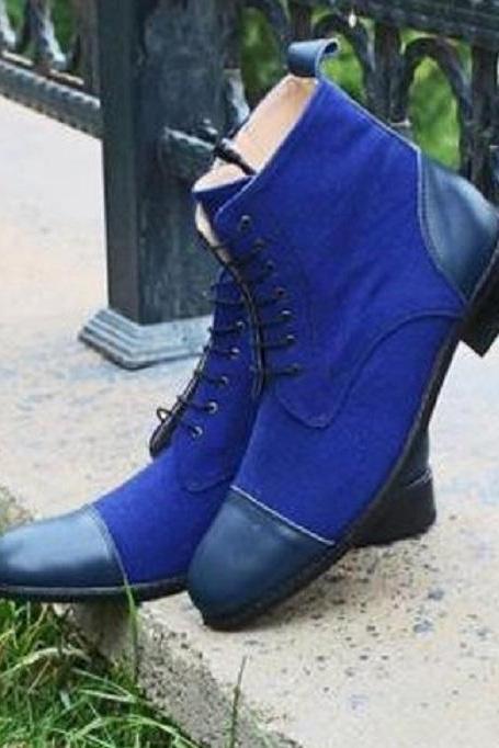 New Pure Handmade Blue Suede & Leather Lace up Ankle Boots for Men's