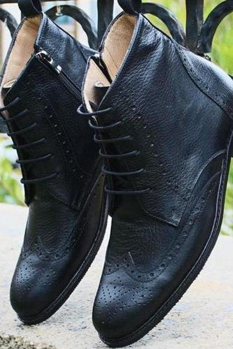 New Pure Handmade Black Leather Lace up One Side Zip Ankle Boots for Men's