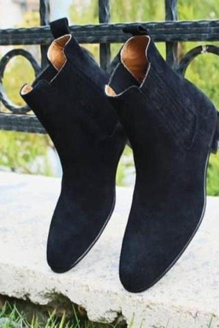 New Handmade Pure Black Suede Leather Chelsea Boot For Men's