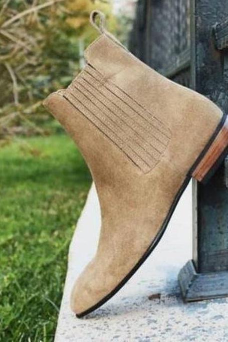 New Handmade Pure Tan Suede Leather Chelsea Boot For Men's