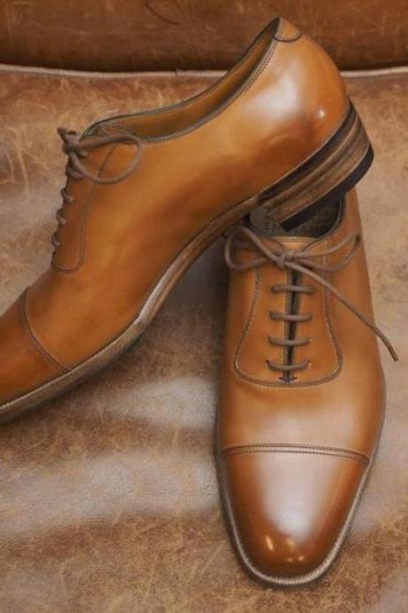 New Pure Handmade Tan Leather Stylish Lace up Oxford Shoes For Men's