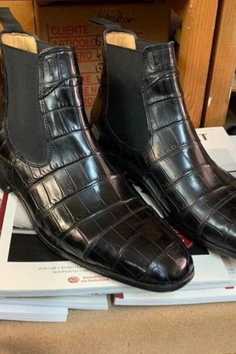 New Pure Handmade Black Crocodile Leather Chelsea Boot For Men's