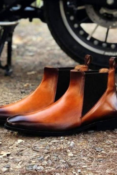 New Pure Handmade Brown Shaded Leather Chelsea Boot For Men's
