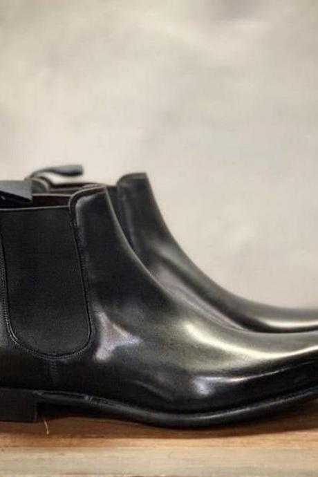 New Pure Handmade Black Leather Chelsea Boot For Men's
