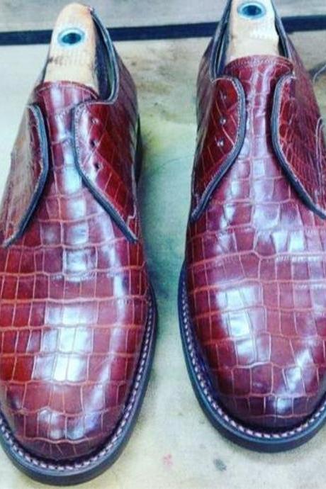 Pure Handmade Burgundy Crocodile Leather Stylish Lace Up Dress Shoes For Men&amp;amp;#039;s