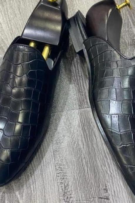 New Handmade Black Crocodile Leather Stylish Mules Shoes for Men's