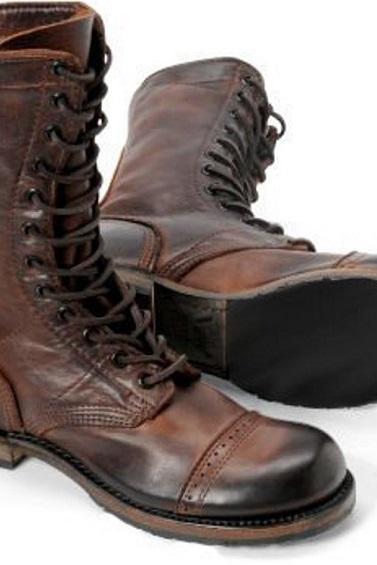 men's tan brown genuine leather long ankle high boots men's long military boots long leather combat boots men's Army marching