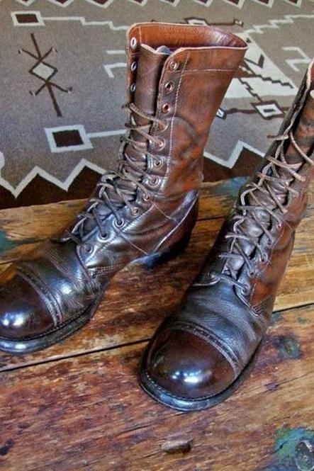 men's antique brown genuine leather long ankle high boots men's long military boots long leather combat boots men's Army boots
