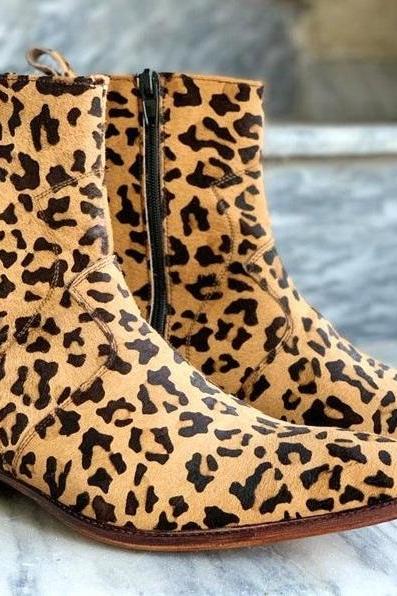 Bespoke Men's Handmade Millennial Leopard Print Genuine Leather Side Zipper Boots, Ankle High Boots For Men