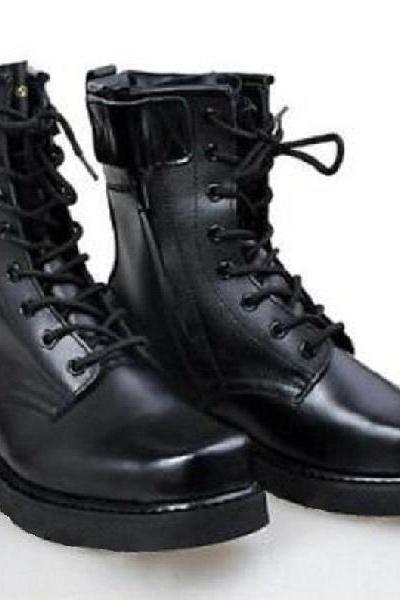 men's black genuine leather long ankle high boots men's long military boots long leather combat boots men's Army boots 