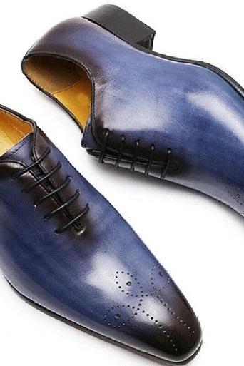 Oxford Blue Brogue Toe Patina Handmade Leather Men Lace Up Formal Shoes