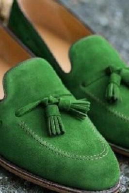 Handmade Green Suede Tassels Loafer Slips On Best Formal Occasion Shoes