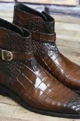 Handmade Leather Men Brown Crocodile Texture Jodhpur Boot, Men Stylish Western