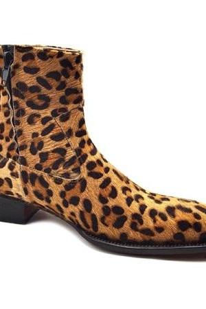 Men's Handmade Leopard Texture, Side Zipper Ankle High Genuine Leather, Causal, Formal Boots