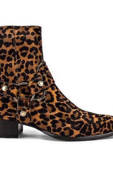 Men's Handcrafted Leopard Texture Harness, Side Zipper Ankle High Genuine Leather, Formal Boots