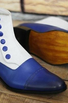 Handmade Blue Leather White Suede dress Ankle Boot, Men Ankle Button Boot