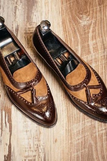 handmade men's genuine brown leather with suede slip on loafers handmade men's tassel moccasin shoes