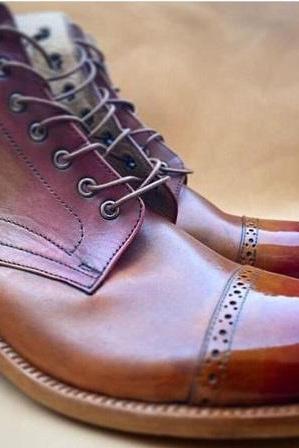 New Handmade Pure Leather Tan Shaded Lace up Ankle Boot For Men's