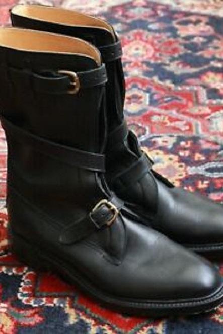 New Handmade Black Leather TANKER Boots.
