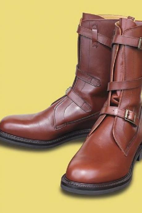 Men New Tan Handmade Leather TANKER Boots.