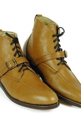 New Handmade Pure Leather Tan Lace up monk strep Ankle Boot For Men's