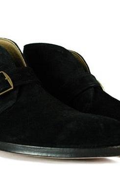 New Handmade Pure Black Suede Leather GOODYEAR Welt MONK Boots
