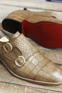 New Pure Handmade Tan Alligator Leather Stylish Monk Strap Shoes For Men's