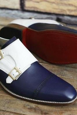 New Pure Handmade White & Blue Leather Stylish Monk Strap Shoes For Men's