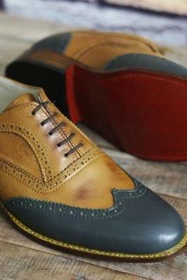 New Pure Handmade Brown & Gray Leather Lace up Brogue Shoes for Men's