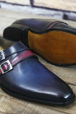 Handmade Blue Double Monk Leather Buckle Strap Two Tone Shoes, Formal Shoes