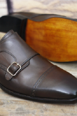 Handmade Leather Dark Brown Double Monk Buckle Strap formal Shoes