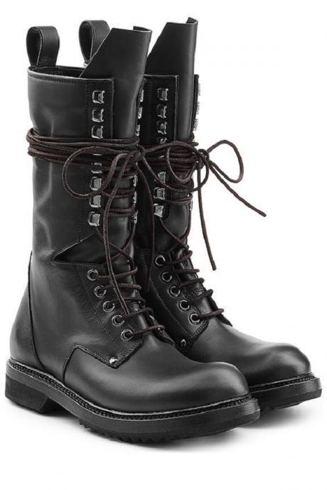 Handmade Plus Size Men Military Boots Leather High Top Men Boots Solid Lace Up Boots