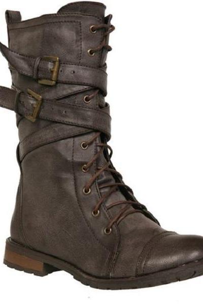 Handmade Plus Size Men Military Boots Leather High Top Men Boots Solid Lace Up Buckle Boots Brown
