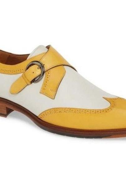 handmade men's genuine leather yellow with white monk shoes men's handmade genuine leather casual shoes