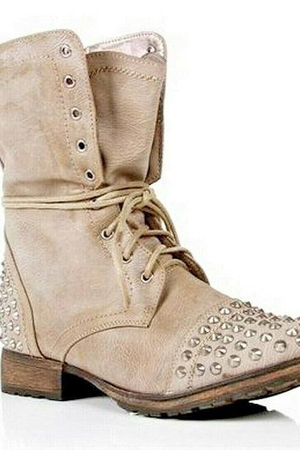 New Designer Aggressive Studded High Leather Light Beige Boots, Men spiked boots