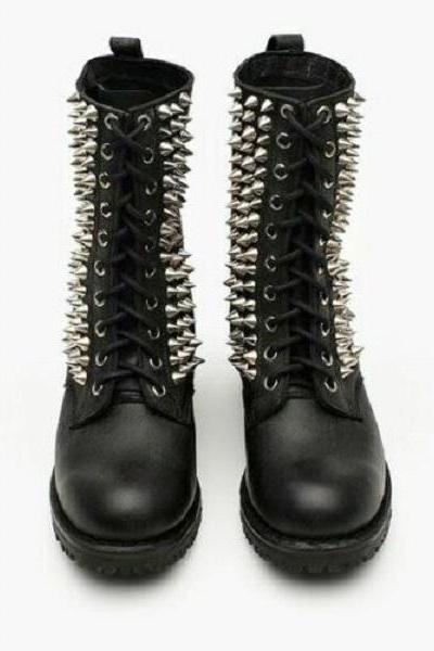New Designer Men Gothic Punk Rock Silver Studded High Boots, Men studded boots