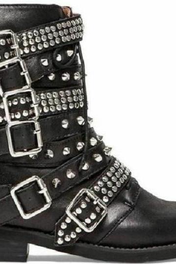 New Designer Straps Punk Rock Silver Studded Multi Buckle Boots, studded boots