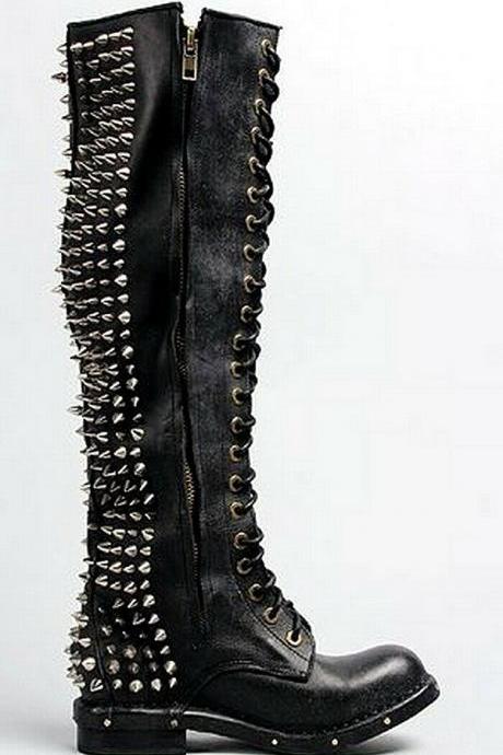 Designer Aggressive Studded High Leather Combat Boots, Men Spiked Boots