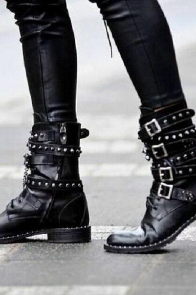 New Designer Gothic Punk Rock Silver Studded Multi Buckle Boots, studded boots