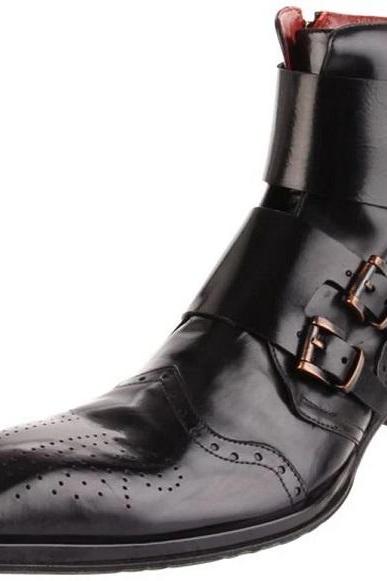 Men's genuine Black calf leather ankle high long boots handmade genuine leather bikers punk boots