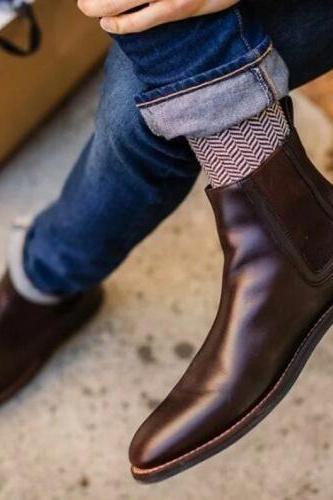 Handmade Mens Coffee brown Leather Chelsea boots, Men brown leather ankle boots