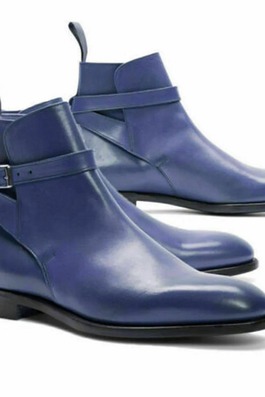 Men Handmade Boots Jodhpurs Navy Leather Ankle High Dress Formal Wear Shoes