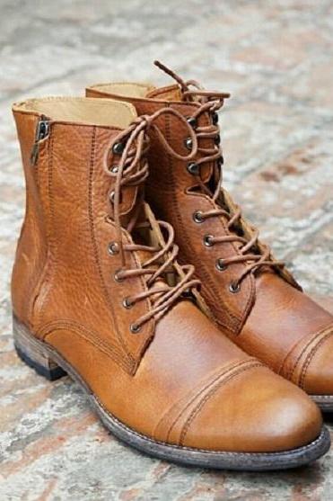 New Handmade Pure Leather Lace Up Ankle Boots For Men's