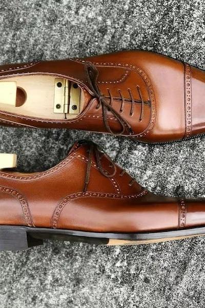 Men Brown Leather Oxford Dress Shoes, Handmade Brown Leather Formal Shoes, Captoe Leather Shoes