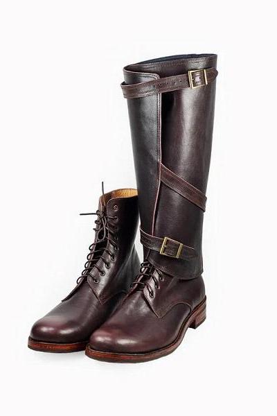 Handmade Brown Leather Men's Biker Boots with the Removable Shaft