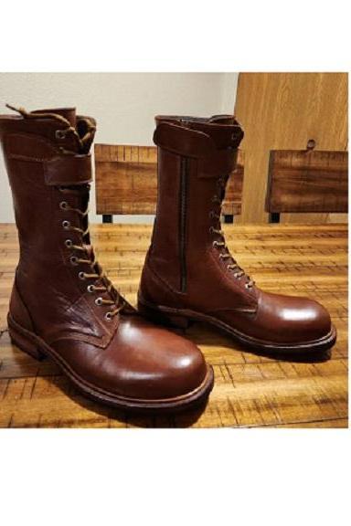 Men Military Footwears Cap Toe Lace Up Premium Leather Customize Long High Ankle Boots