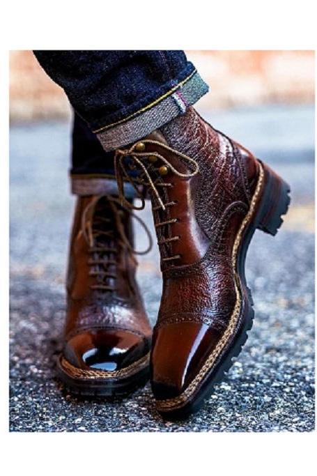 Men&amp;amp;#039;s Handmade Burgundy Leather Ankle High Boot, Men&amp;amp;#039;s Grain Leather Dress Formal Boots