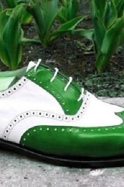 Men&amp;amp;#039;s Handmade Adorable Genuine Green And White Leather Dress Formal Brogue Wingtip Oxford Shoes