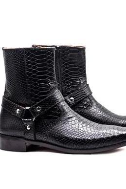 Bespoke Purely Handmade Black Color Snake Skin Textured Genuine Leather Ankle High Strap Boots, Python Textured Side Zipper Boots For Men