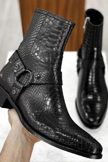Men&amp;amp;#039;s Stylish Python Leather Handmade Ankle High Madrid Style Fashion Boot For Men&amp;amp;#039;s